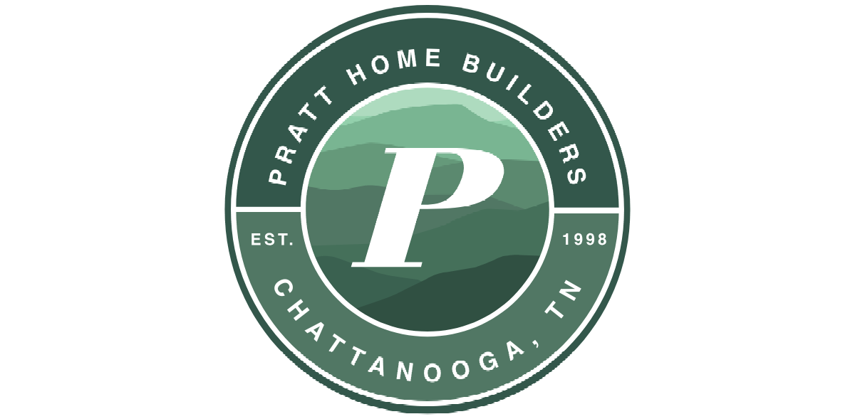 The logo for pratt home builders is green and white.