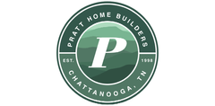 The logo for pratt home builders is green and white.