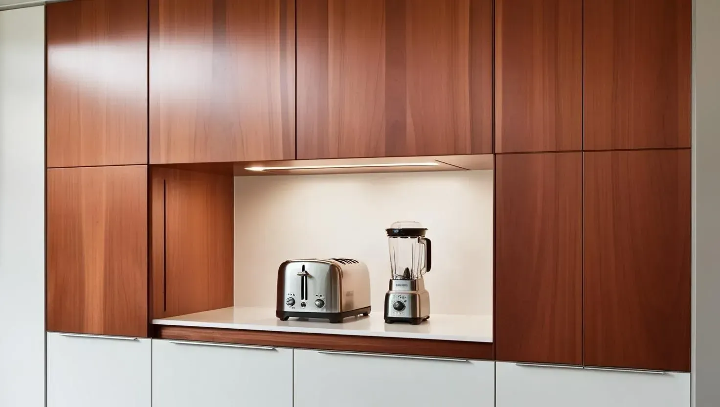 Kitchen cabinets: wooden uppers, white lowers. Countertop with toaster and blender.