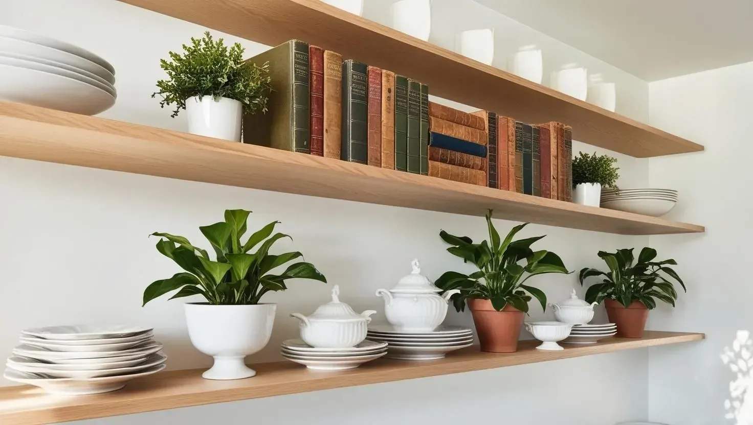Wooden floating shelves with plants, books, and dishware against a white wall.
