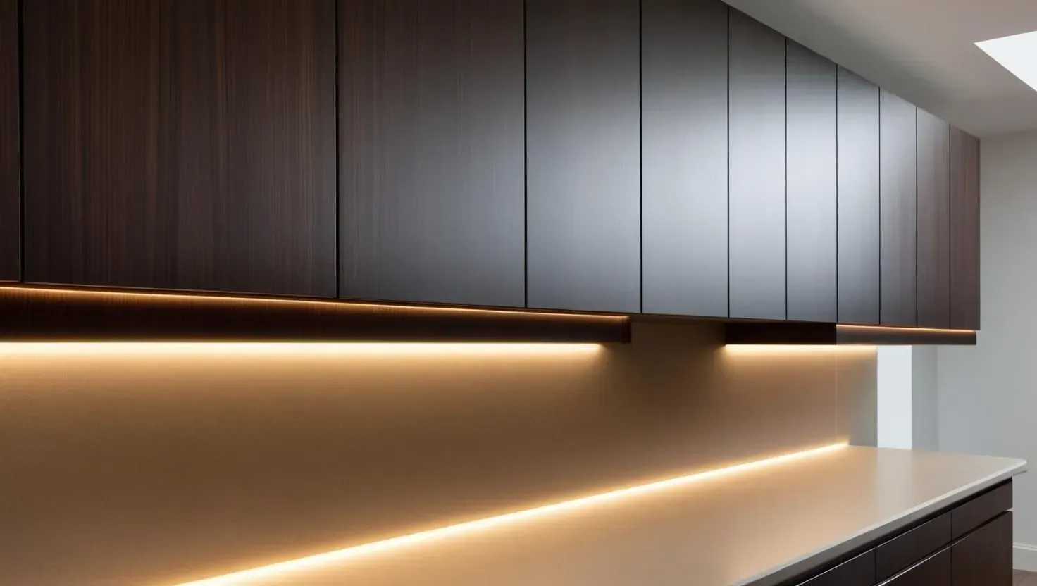 Dark brown cabinets with under-cabinet lighting above a countertop.