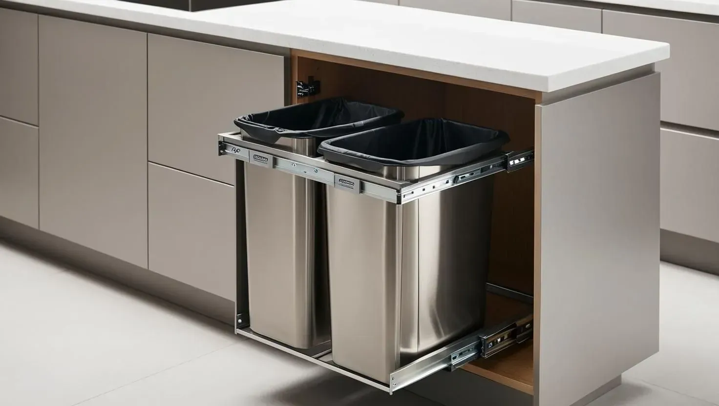 Pull-out kitchen cabinet with two stainless steel trash cans, set into a beige cabinet.