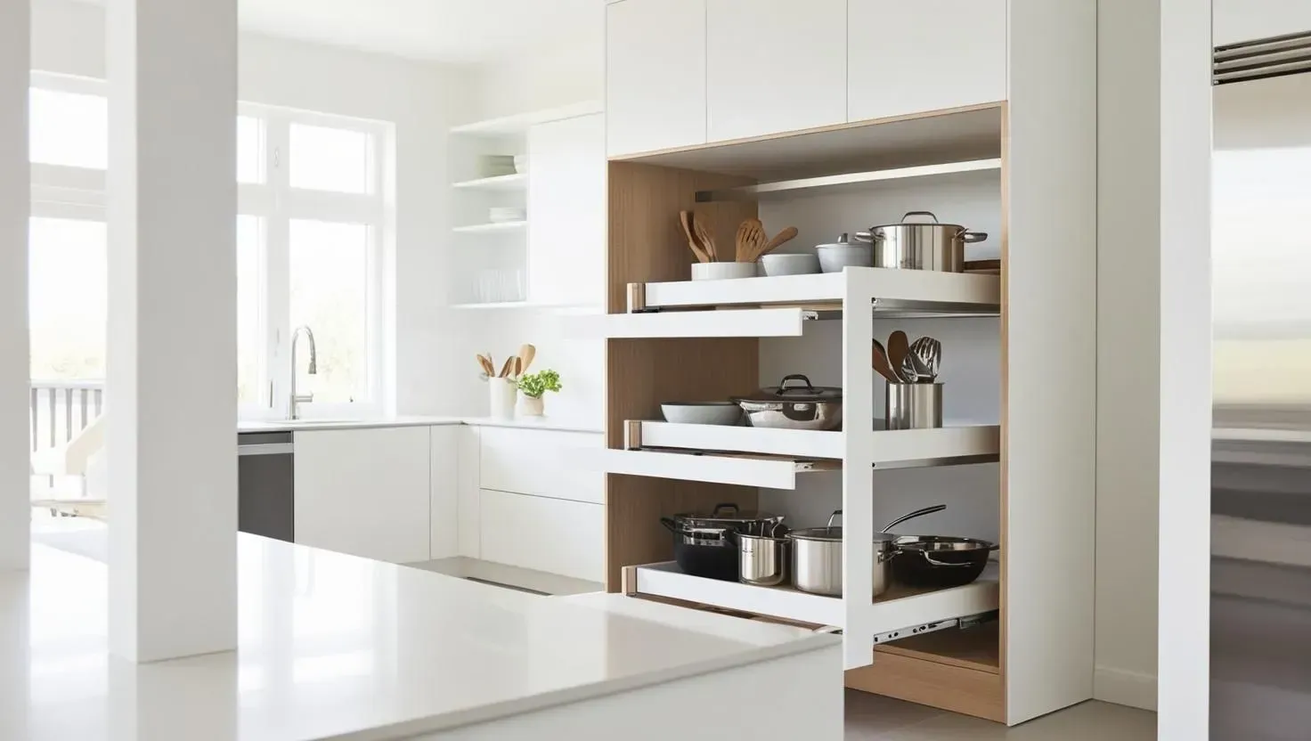 Modern white kitchen with pull-out shelving for pots, pans, and dishes. Wooden interior accents.