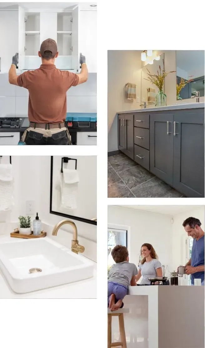 Collage: Person installing kitchen cabinet; gray bathroom vanity; bathroom sink with gold faucet; family in modern kitchen.