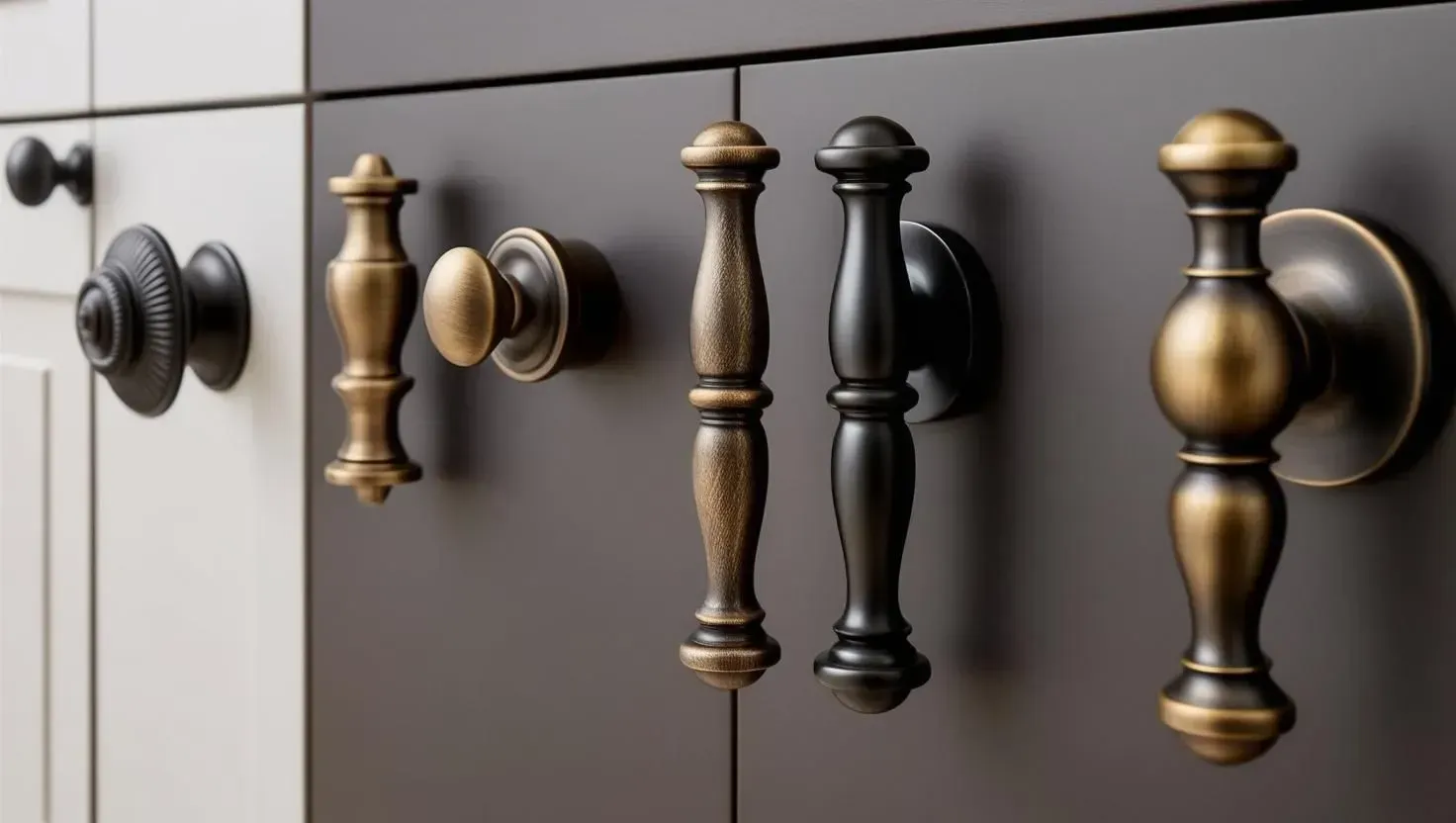 Cabinet doors with various antique-style knobs and pulls in bronze and black.