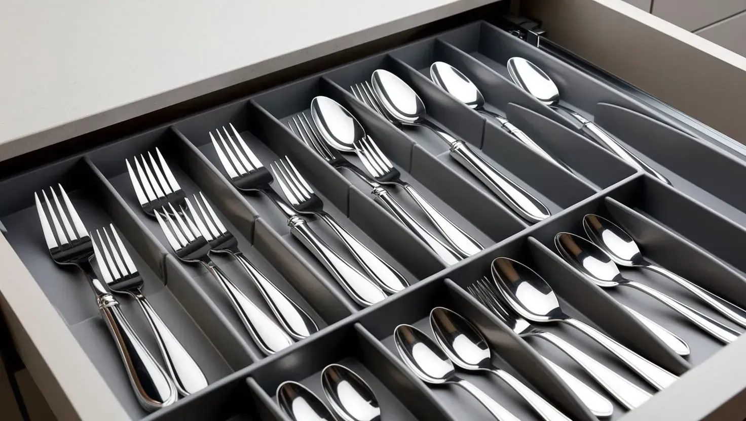 Silverware organized in a drawer with forks, spoons, and knives in separate compartments.