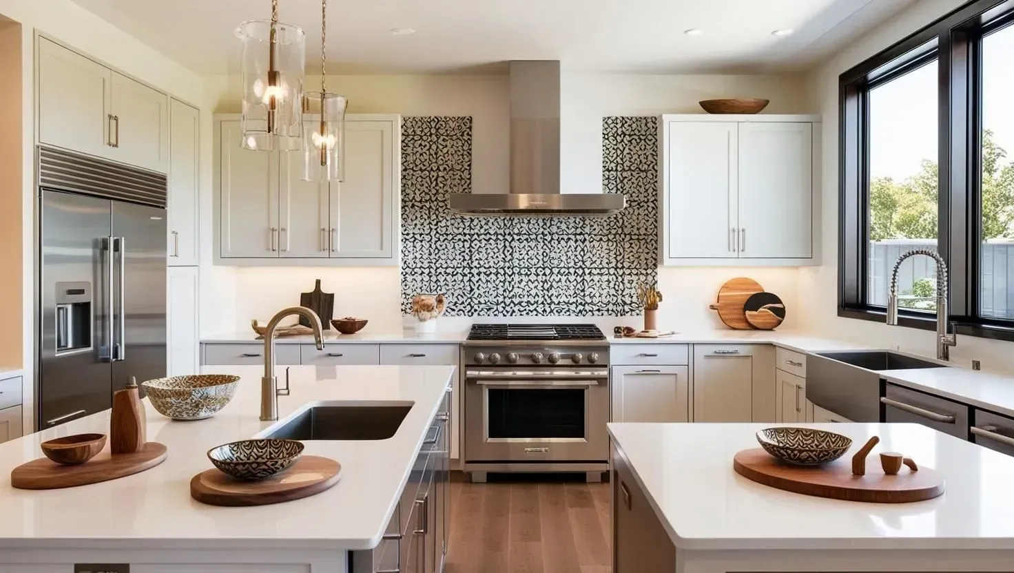 Modern kitchen with white cabinets, stainless steel appliances, and a mosaic backsplash.