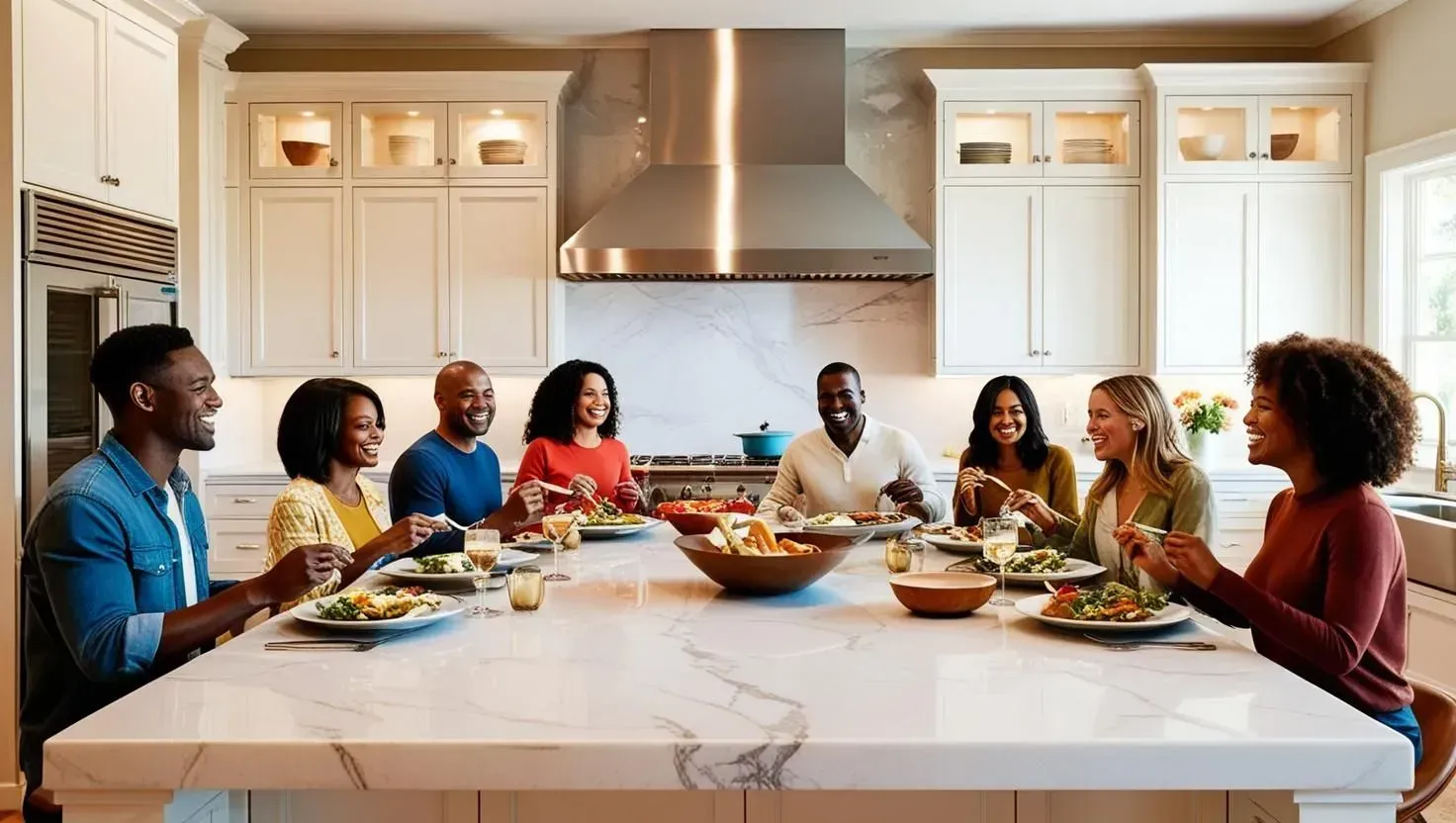 People eating at a large kitchen island table. White cabinets, stainless steel range hood, smiling faces, food visible.