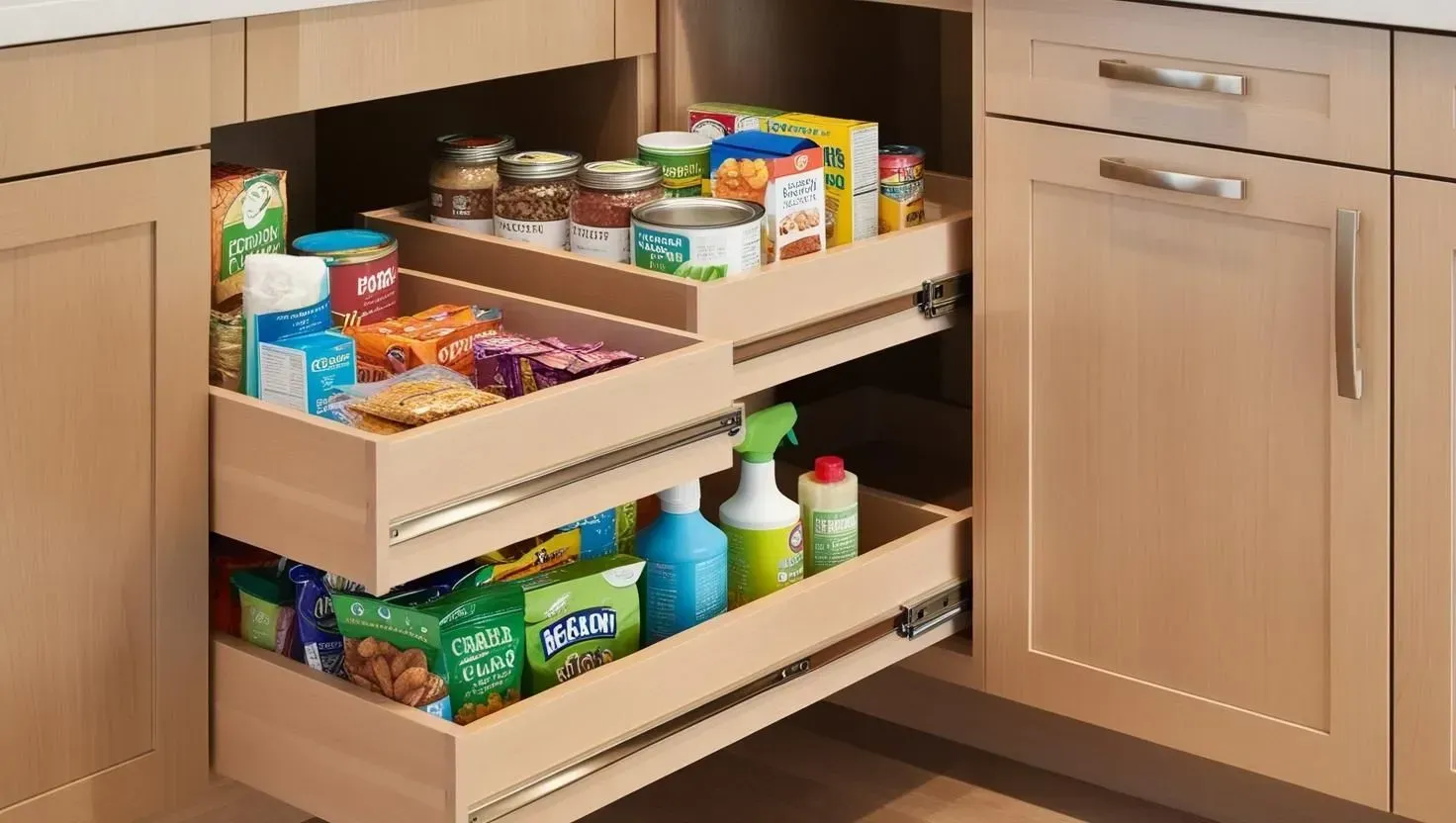 Pull-out corner kitchen cabinet with two shelves filled with food and cleaning supplies.