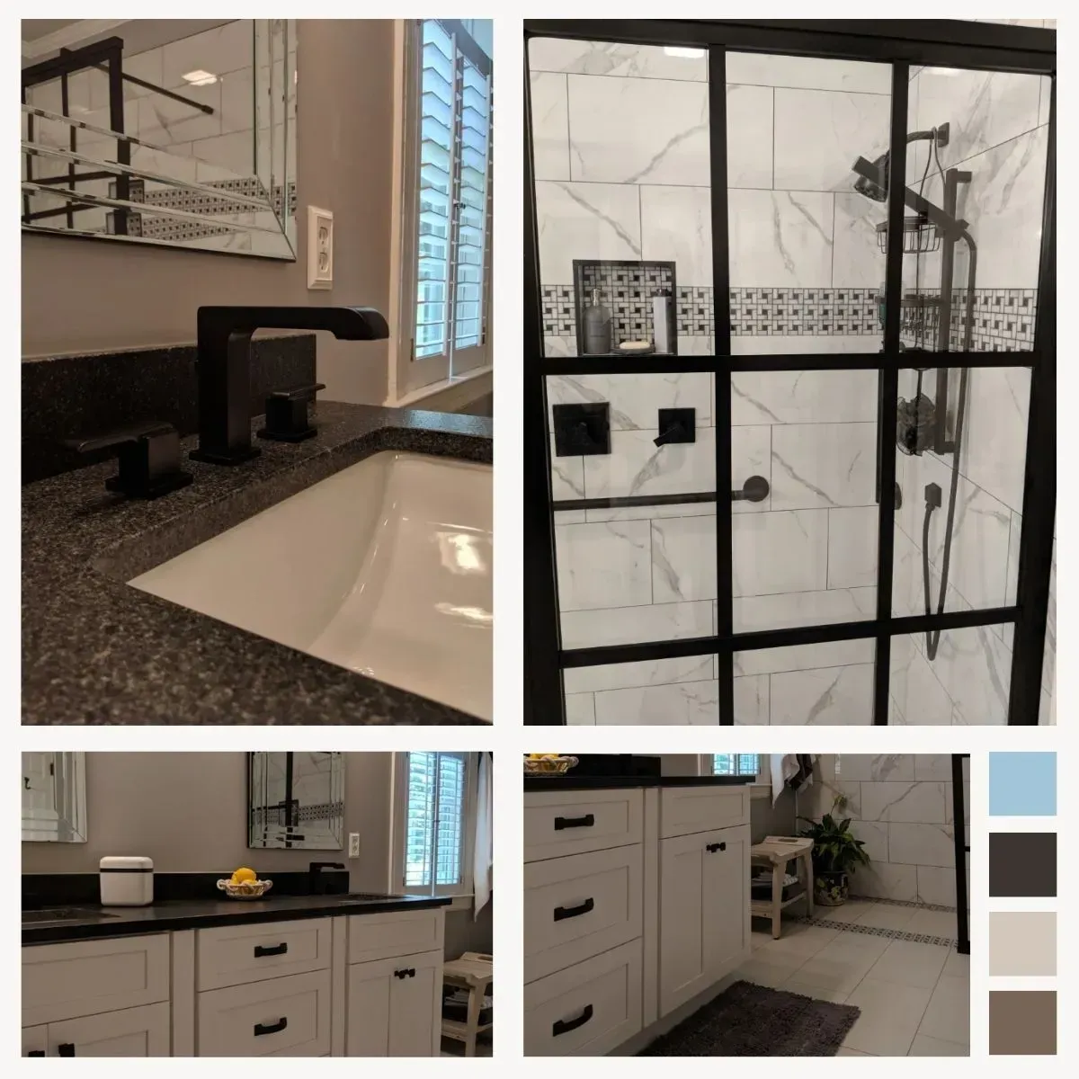 Bathroom with black fixtures, white cabinets, and marble-like tile.