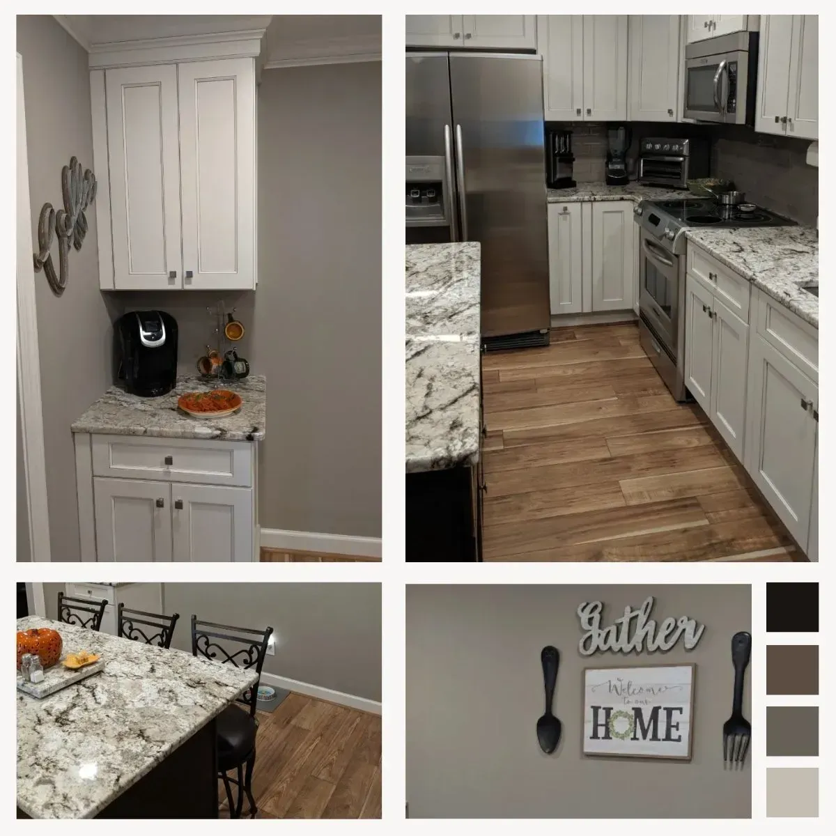 Kitchen with white cabinets, gray walls, and wood-look flooring. A stainless steel refrigerator and appliances.