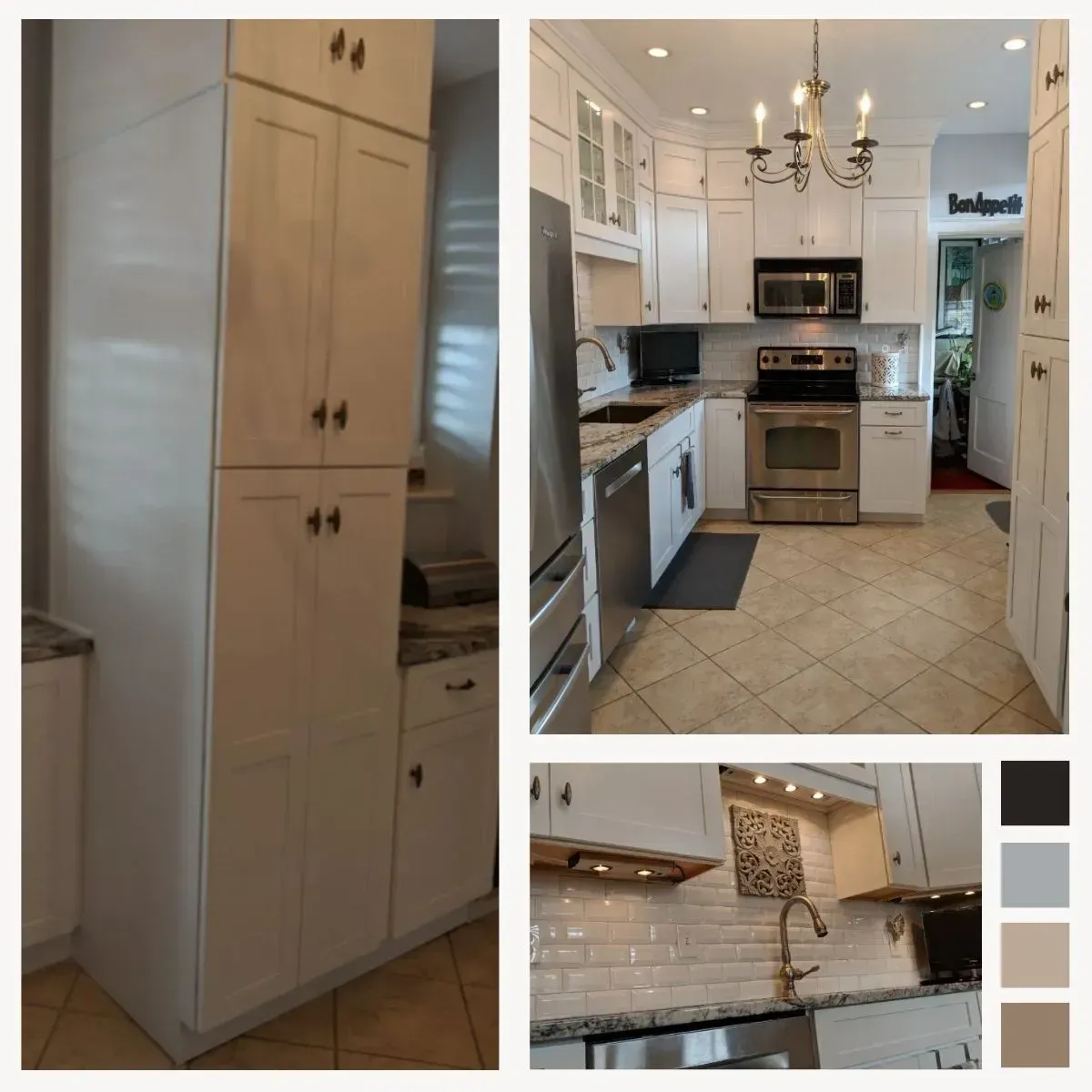 White kitchen with stainless steel appliances, white cabinets, and tile backsplash.