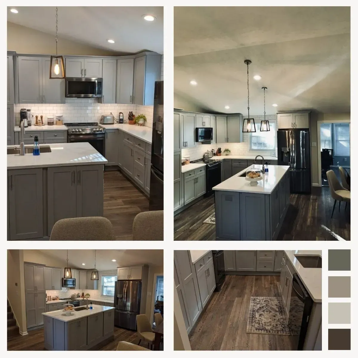 Kitchen renovation with gray cabinets, white countertops, black appliances, and wooden floors.