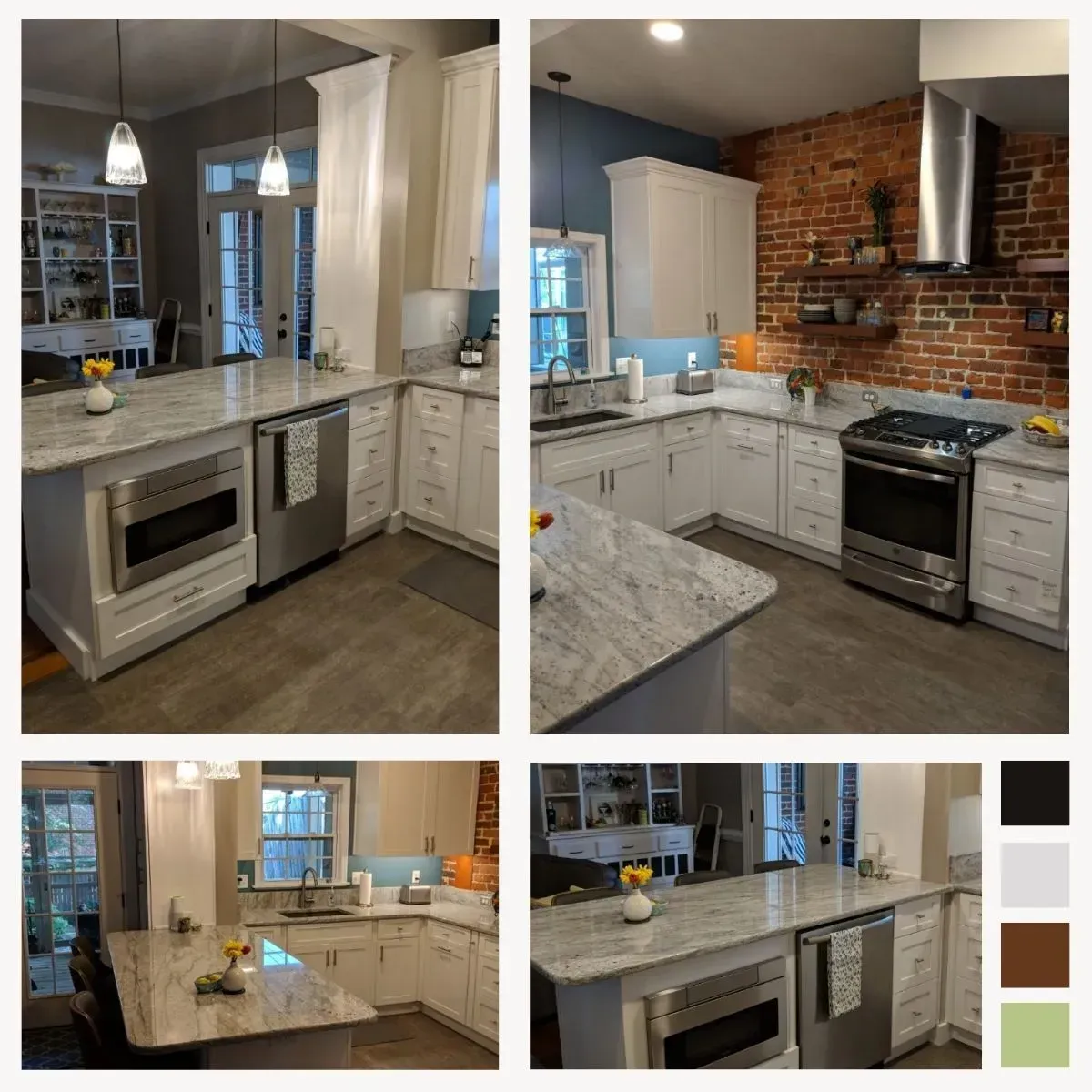 Four views of a kitchen with white cabinets, light countertops, stainless steel appliances, and exposed brick.