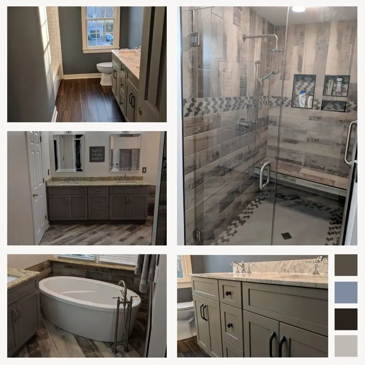 Collage of renovated bathrooms with gray cabinetry, wood-look tile, and a soaking tub.