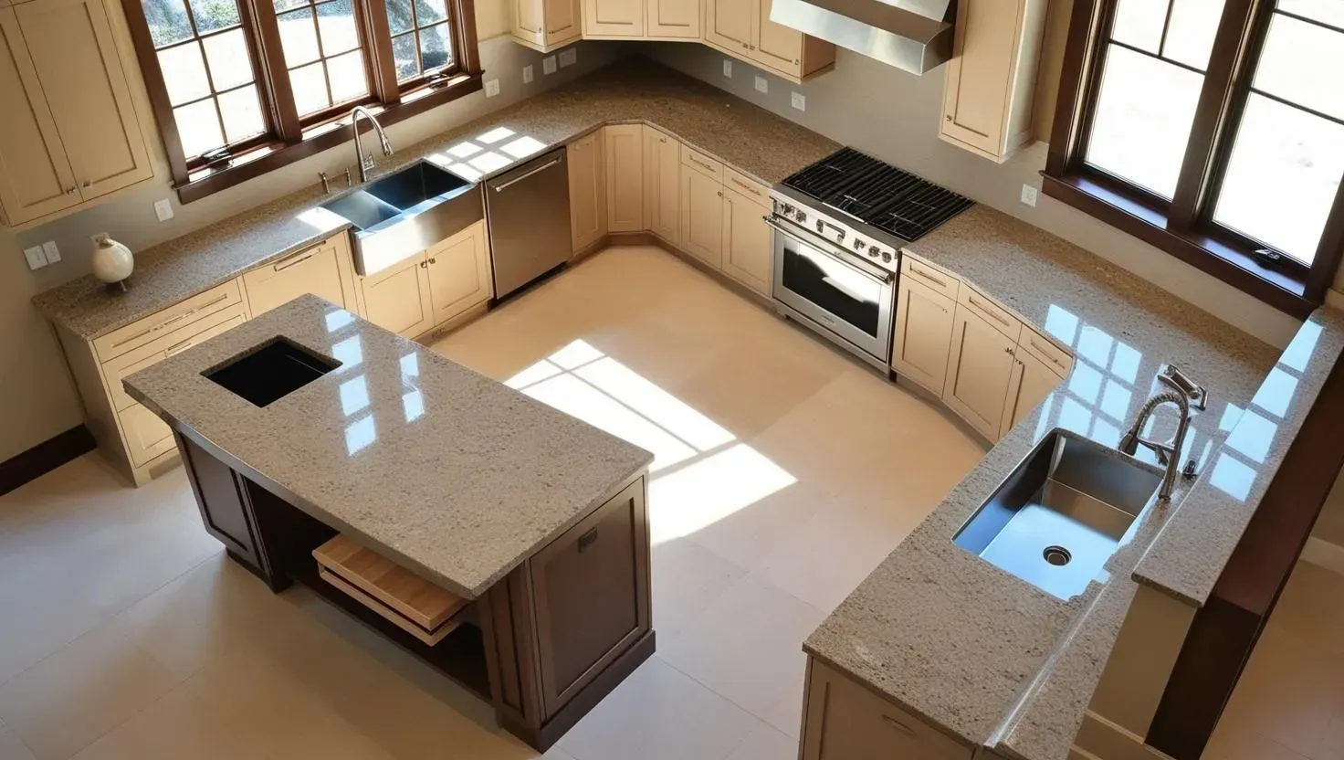 U-shaped kitchen with beige cabinets, countertops, and an island. Stainless steel appliances and two sinks.