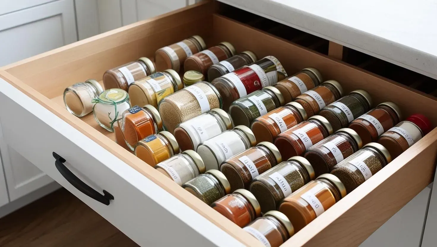 Drawer of spices in glass jars with white labels, organized in a kitchen drawer.