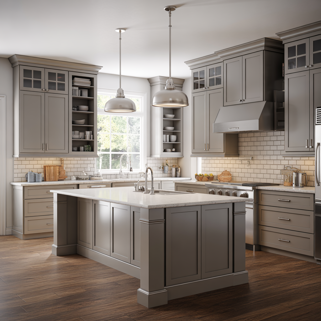 Gray kitchen with island, stainless steel appliances, and two pendant lights.