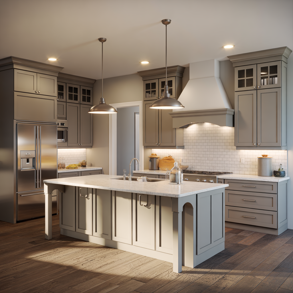 Gray kitchen with island, stainless steel appliances, and pendant lights.