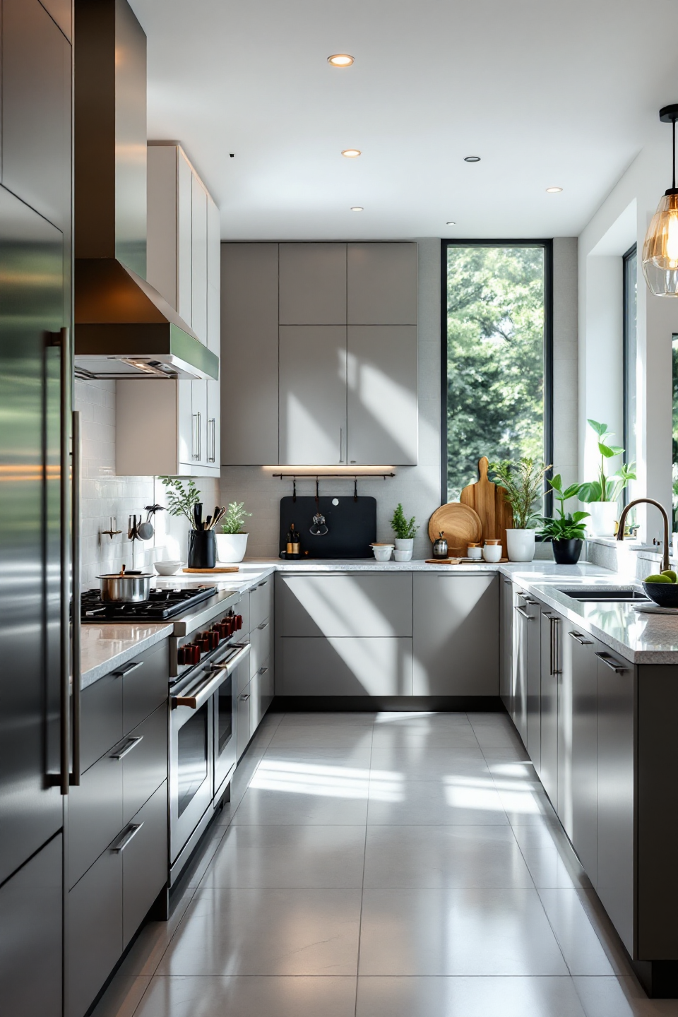 Modern U-shaped kitchen with gray cabinets, stainless steel appliances, and large window.