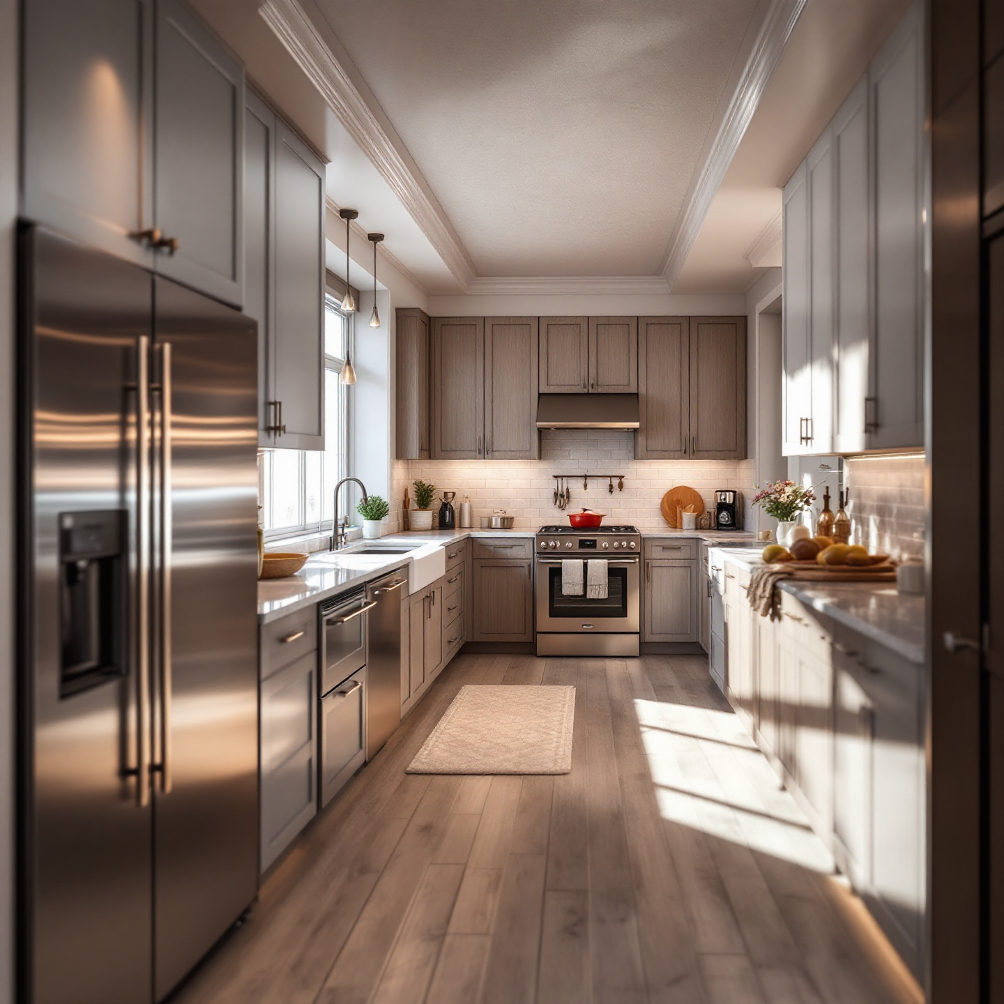 A modern kitchen with stainless steel appliances, light gray cabinets, and wooden floors.