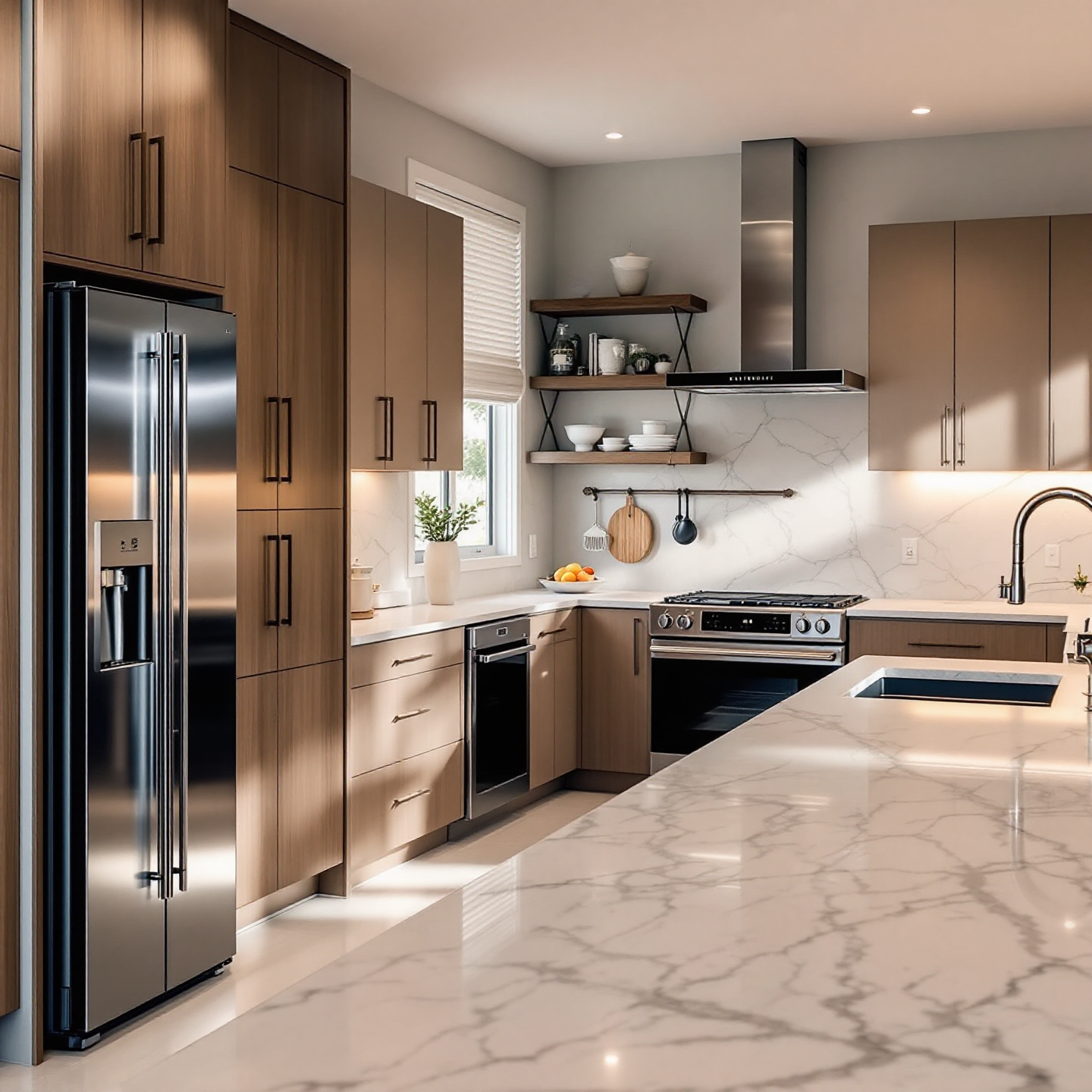 Modern kitchen with stainless steel appliances, light brown cabinets, and marble countertop.