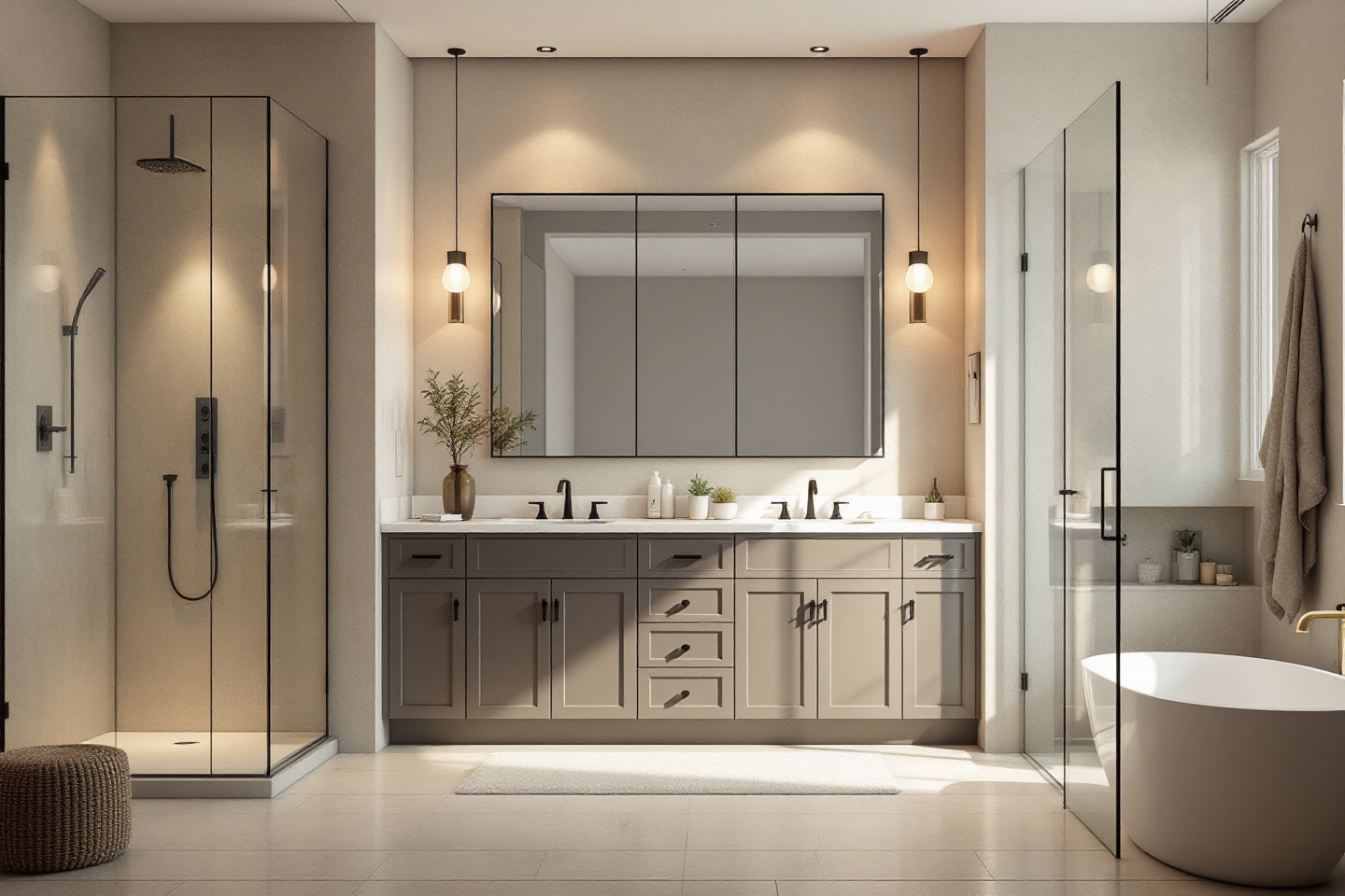 Modern bathroom with a glass shower, vanity, and a soaking tub.