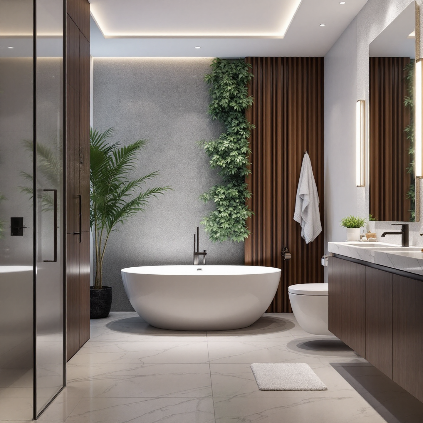 Modern bathroom with a freestanding tub, wood accents, and a vertical plant feature.