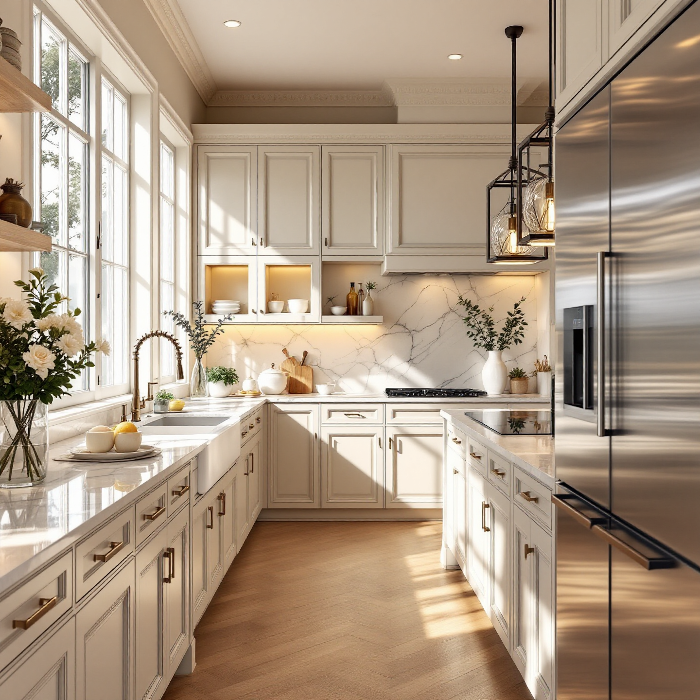 Elegant, light-filled kitchen with white cabinetry, marble countertops, and stainless steel refrigerator.