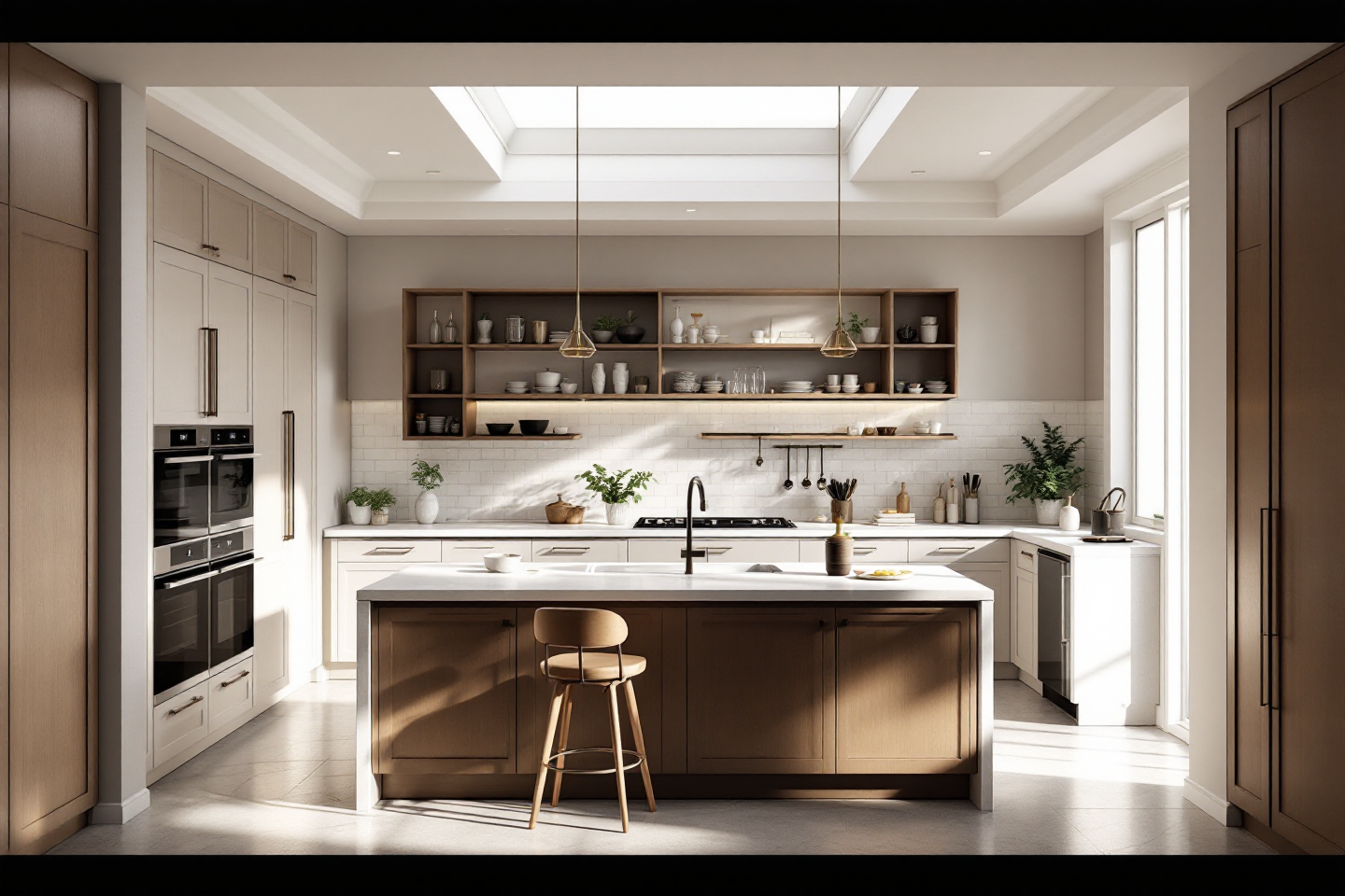 Modern kitchen with island, cabinetry, and skylights. Neutral color palette: white, wood, and beige.