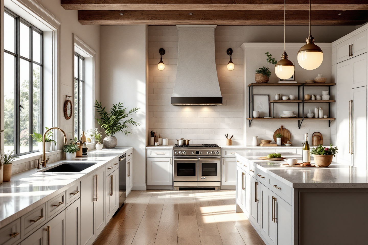 Bright, modern kitchen with white cabinets, light wood floor, stainless steel appliances, and large windows.