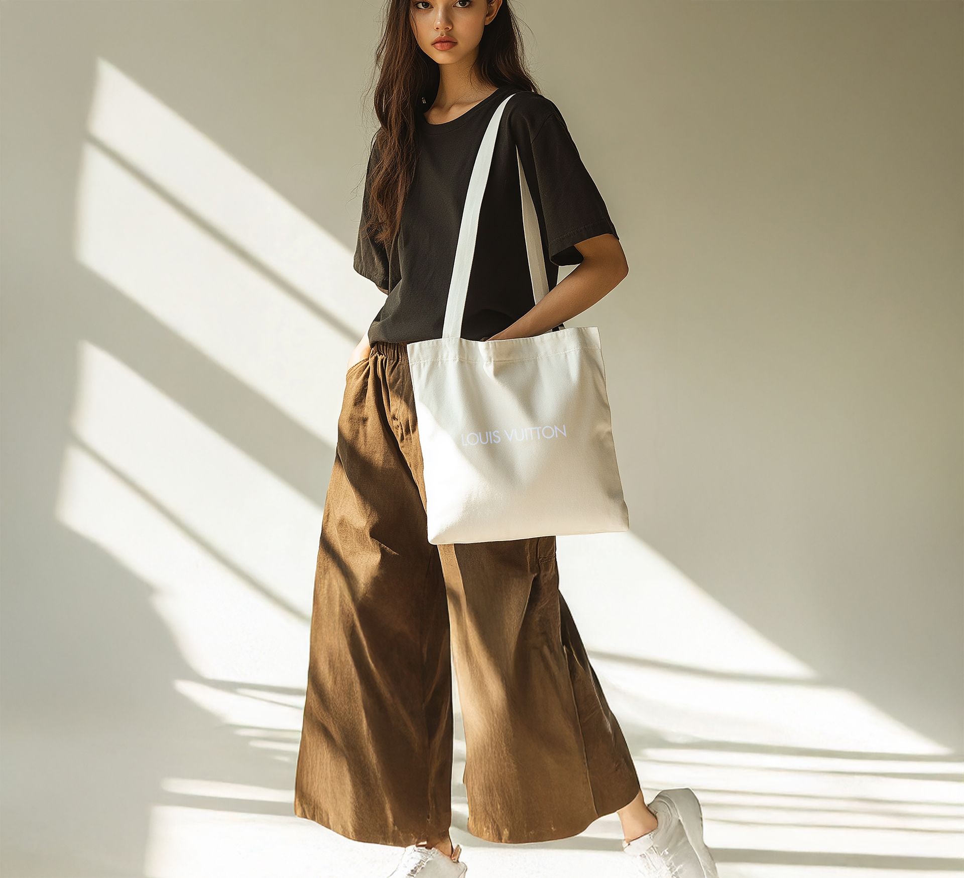 A woman in a black shirt and brown pants is holding a white bag