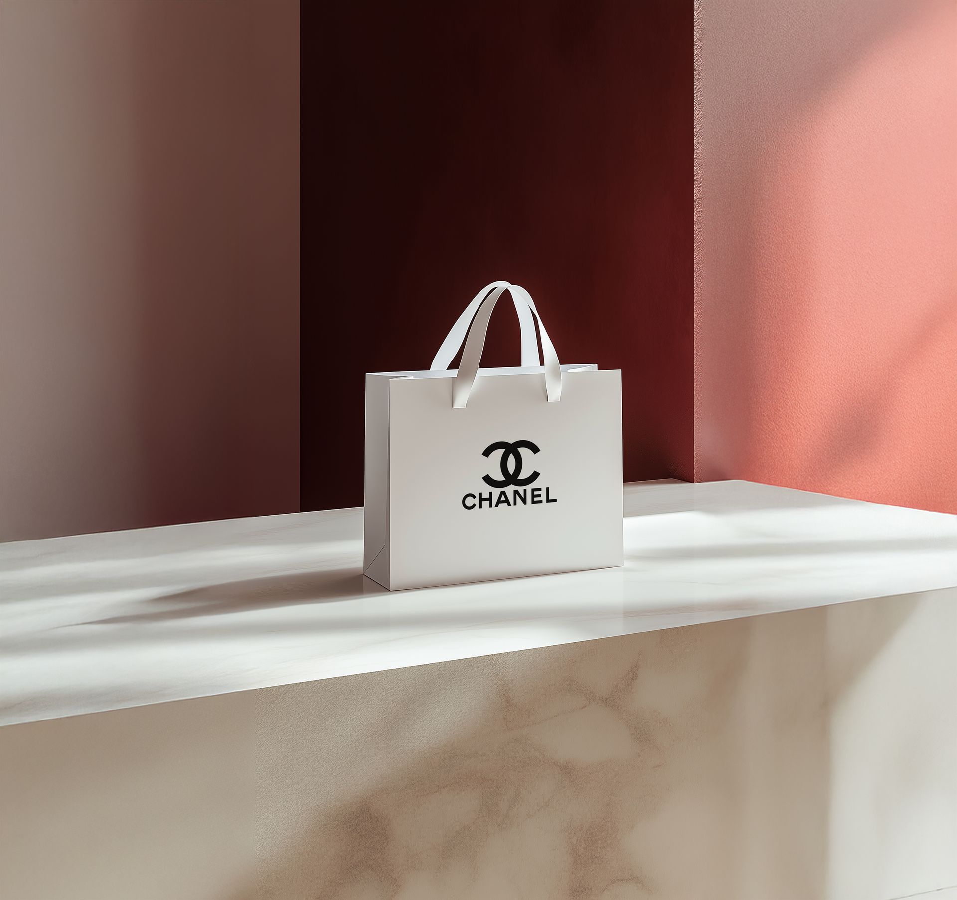 A white chanel bag is sitting on a white table