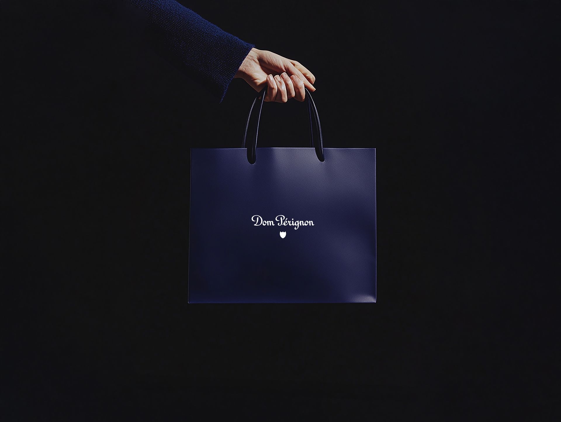 A person is holding a blue luxury bag in their hand.