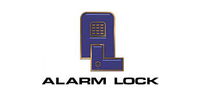 A blue alarm lock logo on a white background.