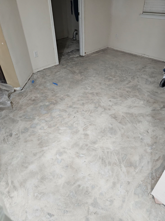 A room with a gray carpeted floor and a door.