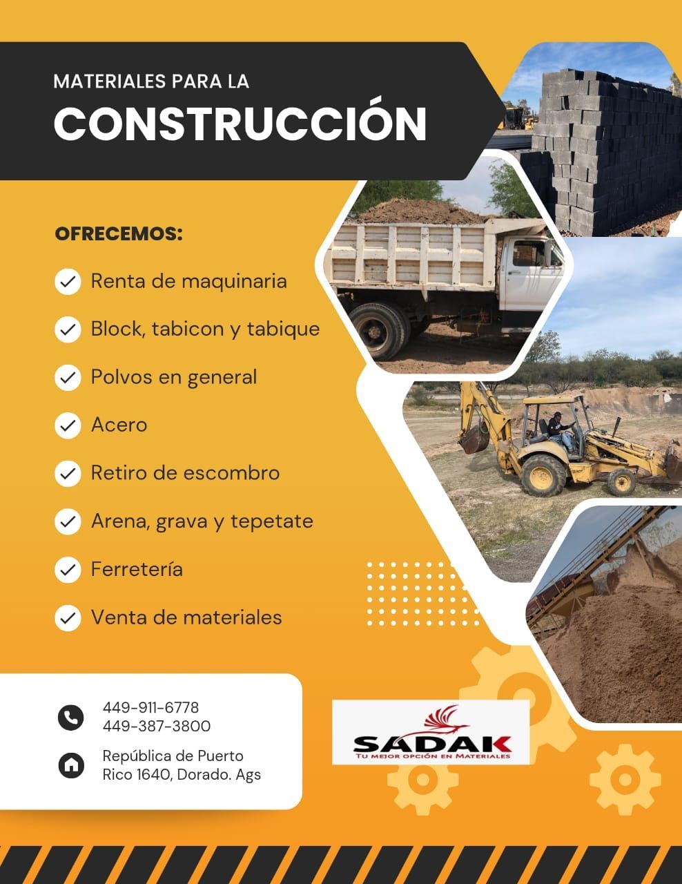 Anuncio de materiales de construcción con camión, excavadora y texto que enumera servicios y productos.