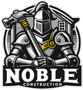 Knight holding hammer in front of a house; "Noble Construction" logo.