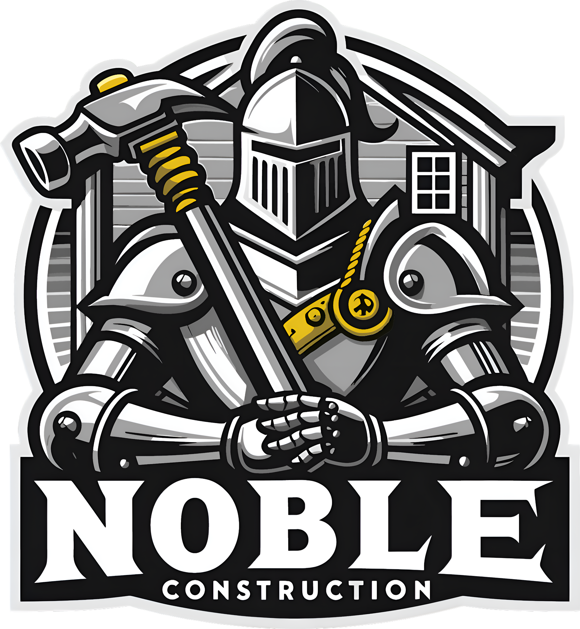 Knight holding hammer in front of a house; "Noble Construction" logo.