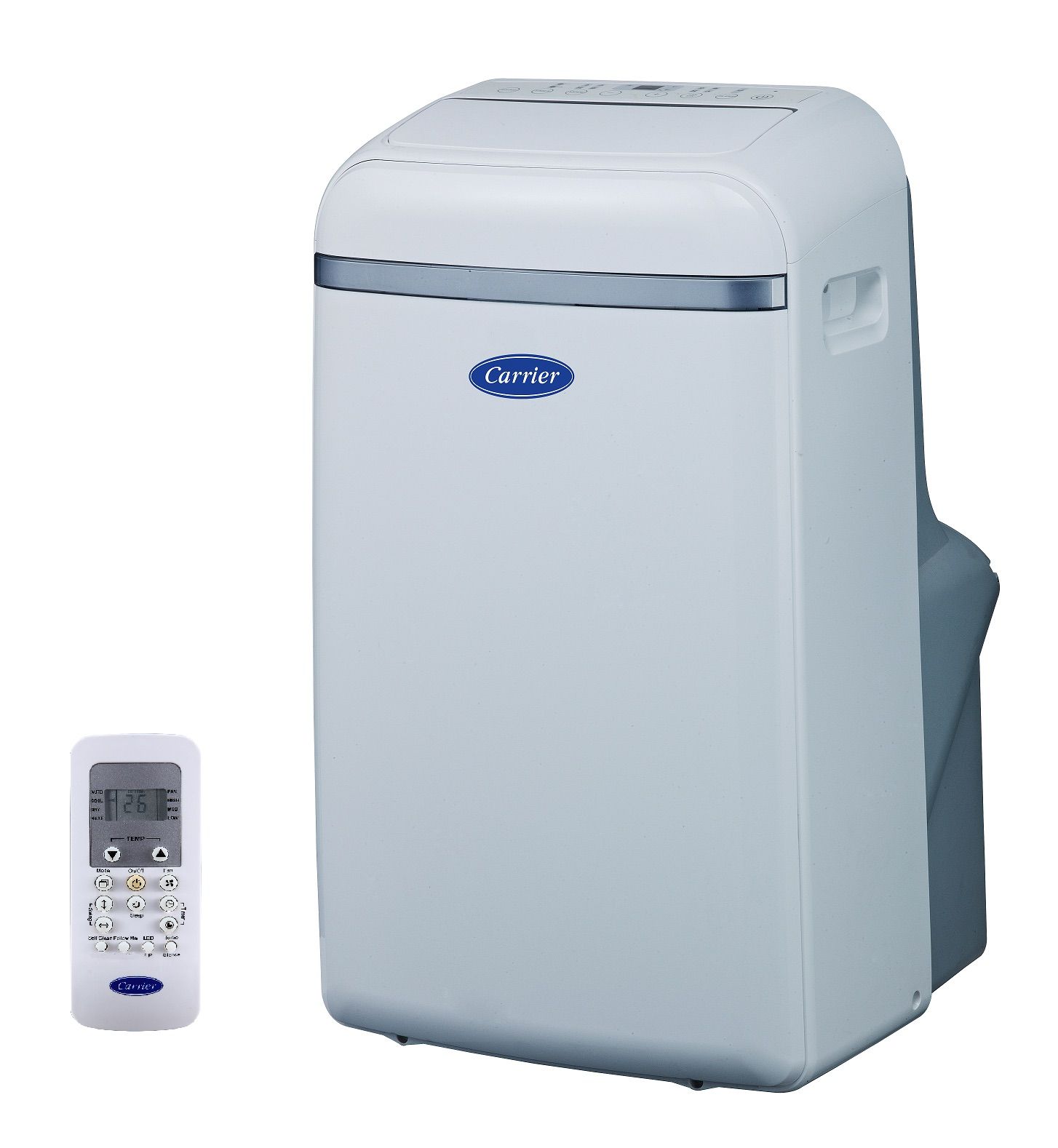 Weisse tragbare Klimaanlage von Carrier mit Fernbedienung auf weissem Hintergrund.