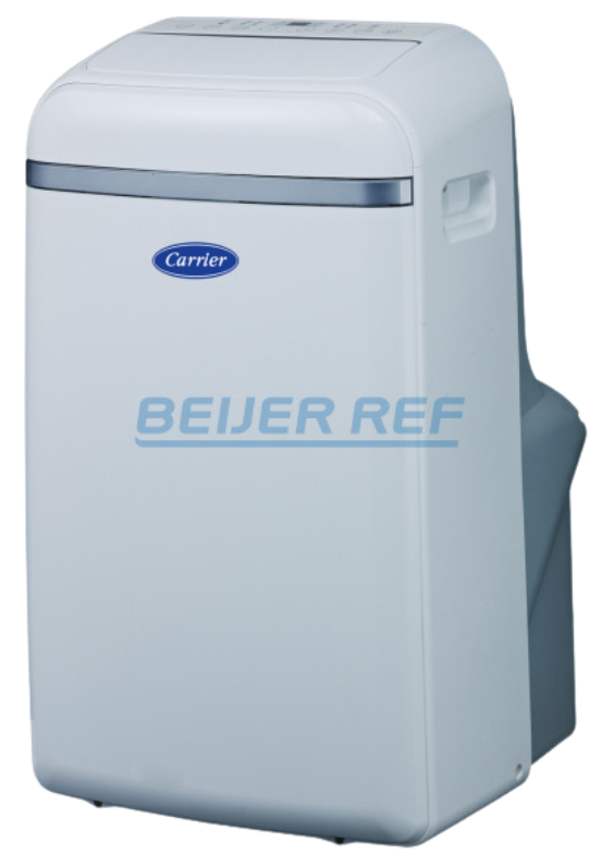 Eine tragbare Klimaanlage von Carrier steht auf einer weissen Oberfläche