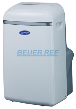 Eine tragbare Klimaanlage von Carrier steht auf einer weissen Oberfläche