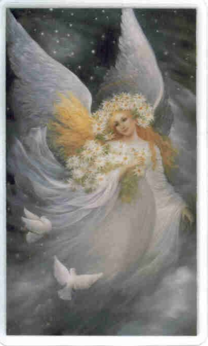 Angel with white wings and gown, wearing a flower crown, holding white doves, in a night sky.