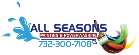 Logo for All Seasons Painting & Powerwashing with blue water splash, brush, and phone number.