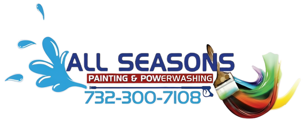 Logo for All Seasons Painting & Powerwashing with blue water splash, brush, and phone number.