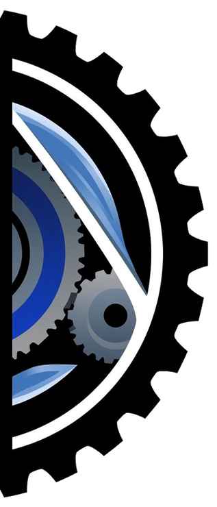 Half-gear logo with inner gears in blue, grey, and white.