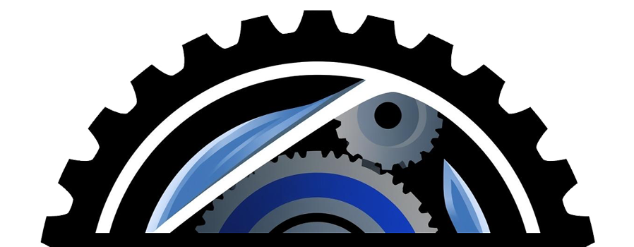 Half-gear logo with inner gears in blue, grey, and white.