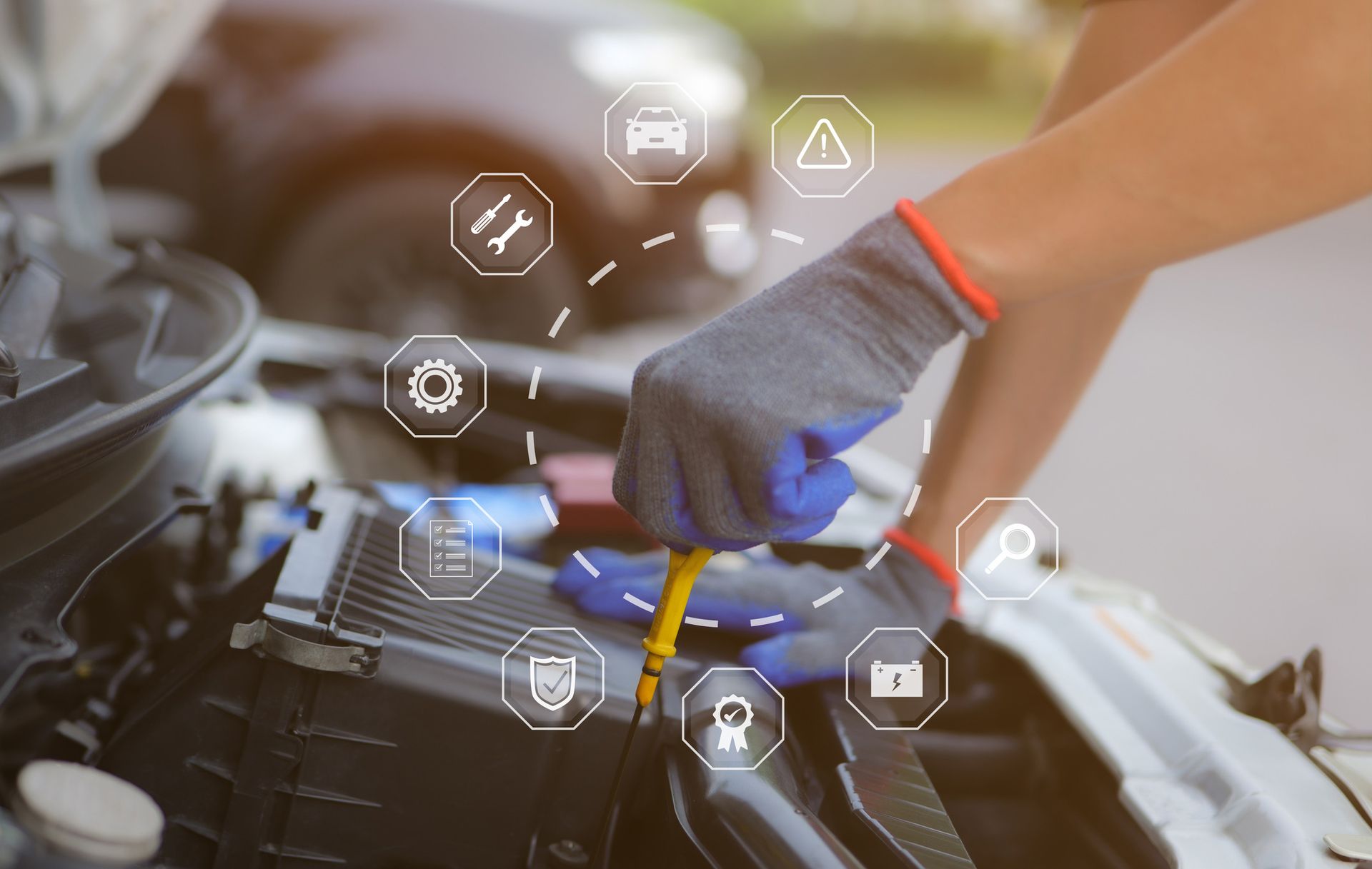 Mechanic checks oil level in a car engine with a dipstick, wearing gloves, surrounded by digital icons.