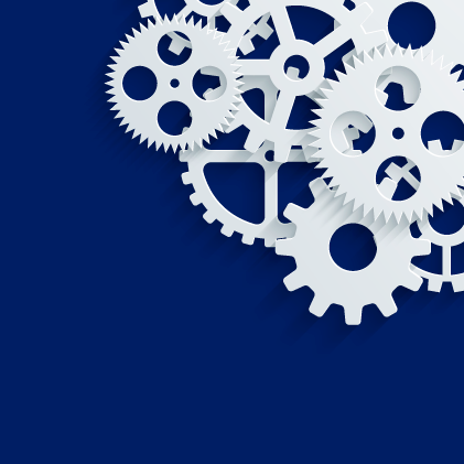 White gears on a dark blue background, arranged in the upper right corner.