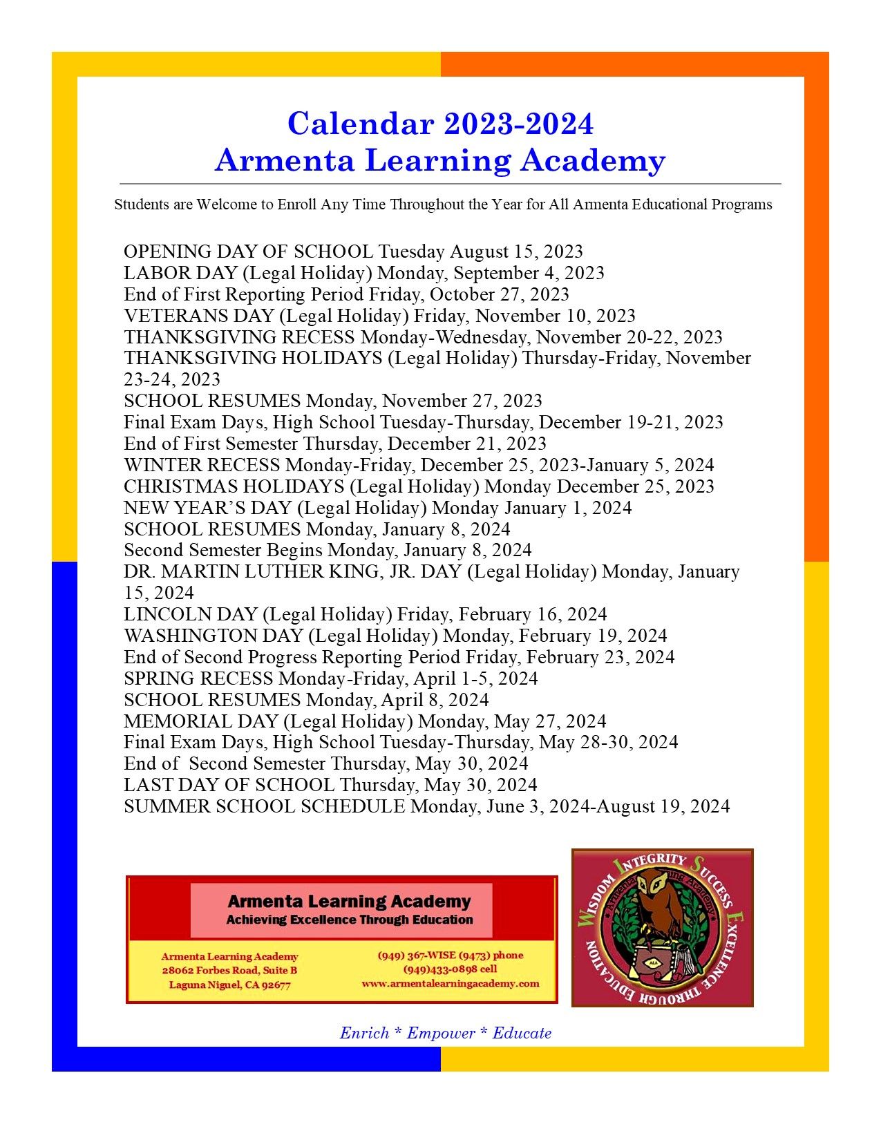 2018-2019 Calendar — Armenta Learning Academy in Laguna Niguel, CA